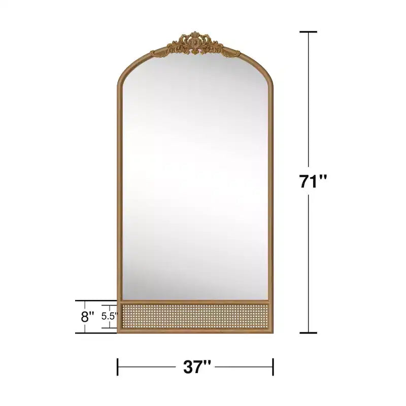 Specchio da parete marrone con cornice in legno ad arco intagliata classica e base in rattan, 37 pollici L x 71 pollici A