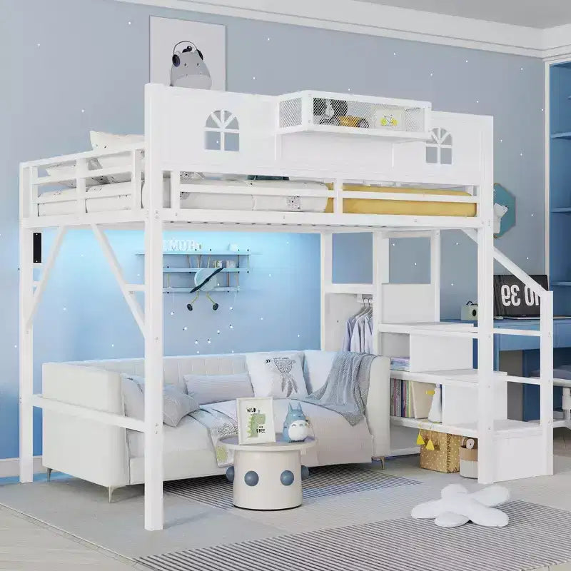 Letto a soppalco ModernLuxe matrimoniale/queen size con scale e armadio integrato, struttura letto in metallo con luci a LED, stazione di ricarica USB e ripiani portaoggetti