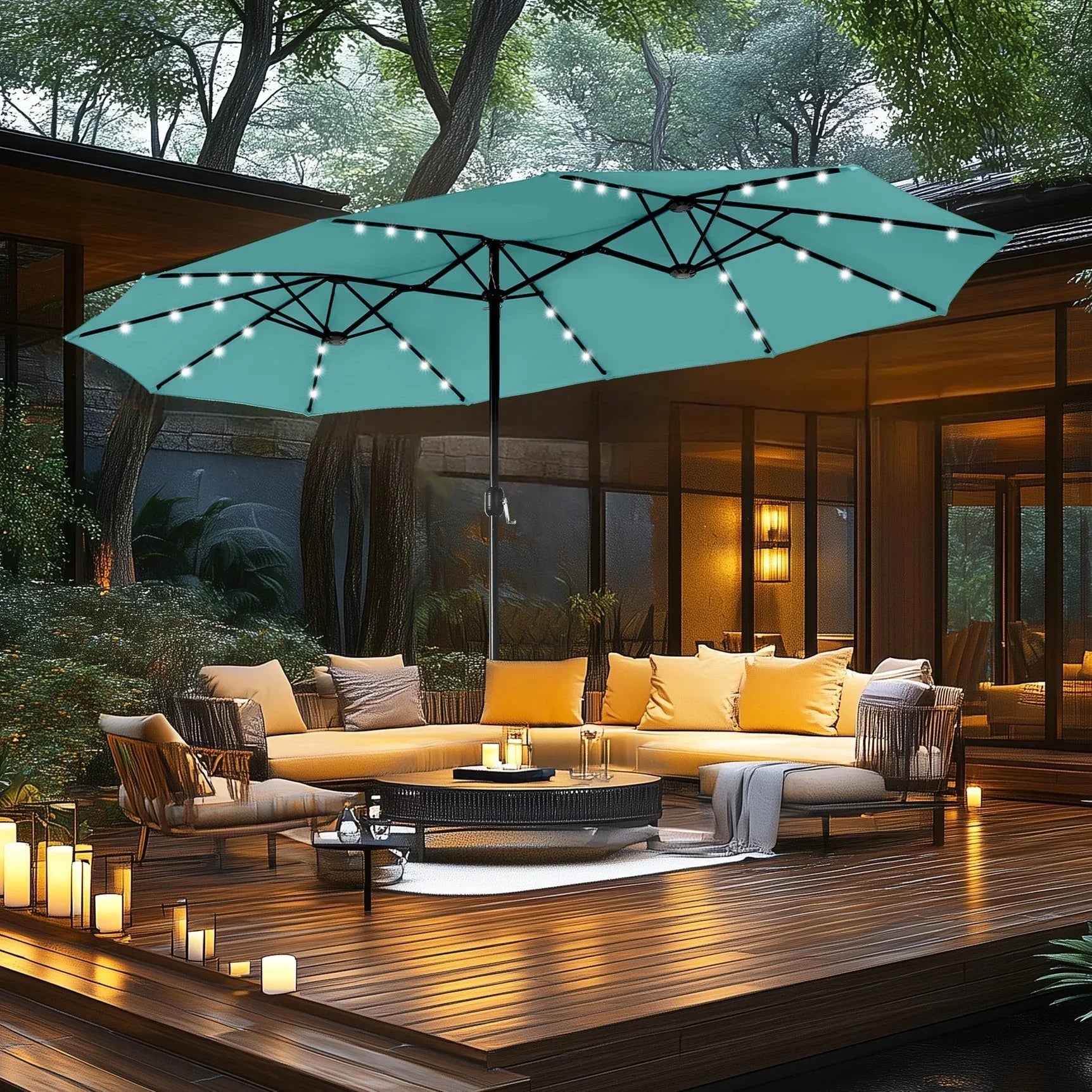MAISON ARTS Ombrellone rettangolare da esterno a manovella con doppia falda da 4,5 metri, con luci a LED solari e base inclusa