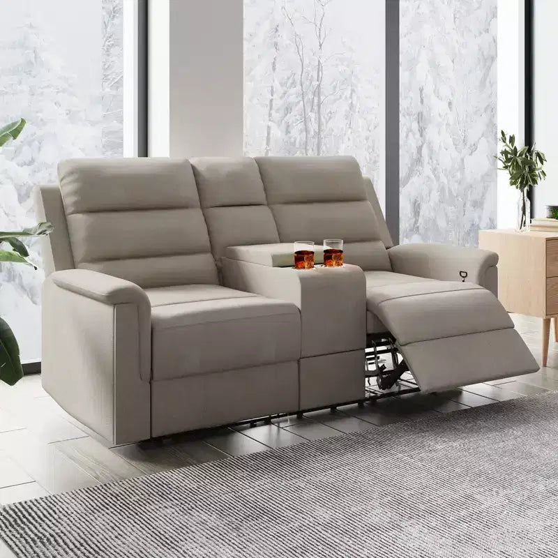 Divanetto reclinabile in tessuto tecnico beige/grigio, 2 posti, schienale e poggiapiedi regolabili