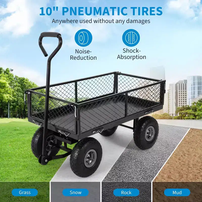 Carrello da Giardino in Acciaio Pesante, 227 kg, Carrello Pieghevole con Sponde in Rete Rimovibili e Rivestimento, Pneumatici da 10 Pollici, Maniglia di Trazione