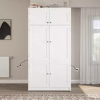 Dispensa Alta da Cucina con Prese di Corrente, Grande Credenza Autoportante con Supporto per Microonde, Cassetti, Scaffali, Portabottiglie e Ante con Ripiani