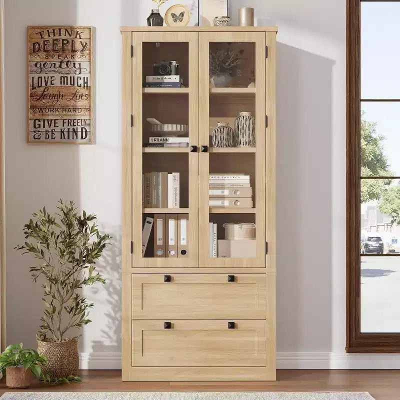 Dispensa da Cucina Coloniale con Ante in Vetro, Armadio Contenitore da 72 pollici con Cassetti e Ripiani Regolabili per Sala da Pranzo Bagno Soggiorno