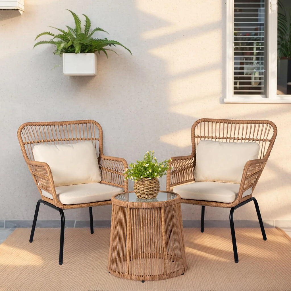Set da Bistrò per Conversazione da Esterno a 3 Pezzi in Vimini, Set di Sedie da Patio in Rattan per Tutte le Stagioni con Cuscini