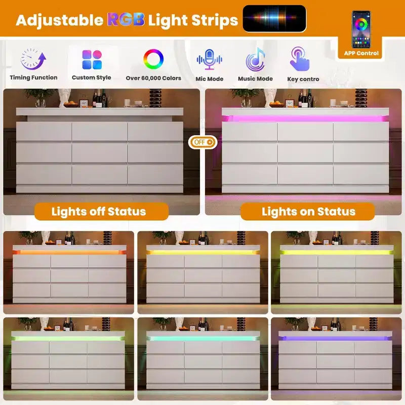 Comò a 9 cassetti per camera da letto, cassettiera con stazione di ricarica e luci LED, armadio doppio in legno, comò moderno porta TV