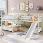 Letto a castello a L per 4 bambini, letto a castello quadruplo con scivolo, struttura in legno full e twin per cameretta dormitorio