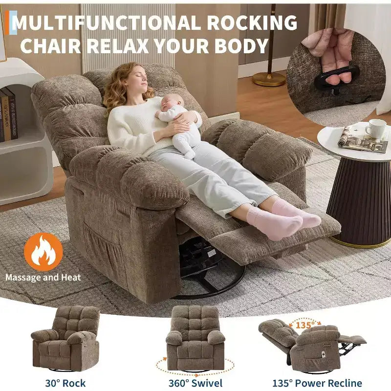 Poltrona Reclinabile Massaggiante con Calore - Girevole a 360°, Dondolo, Divano Singolo Oversize con Vibrazione, USB e Tasche Contenitore per Soggiorno/Camera da Letto