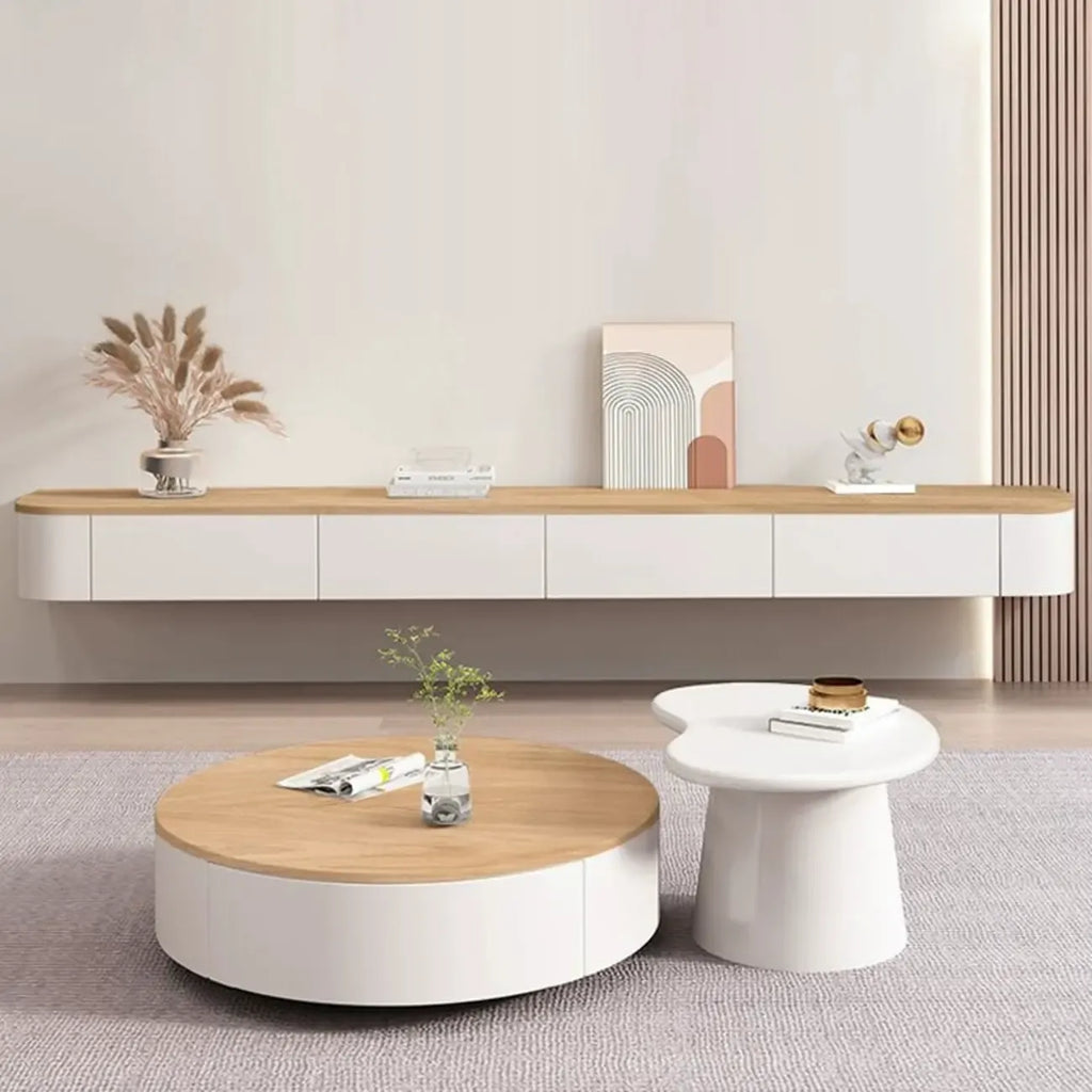 Mobile TV galleggiante contemporaneo in legno bianco con cassetti