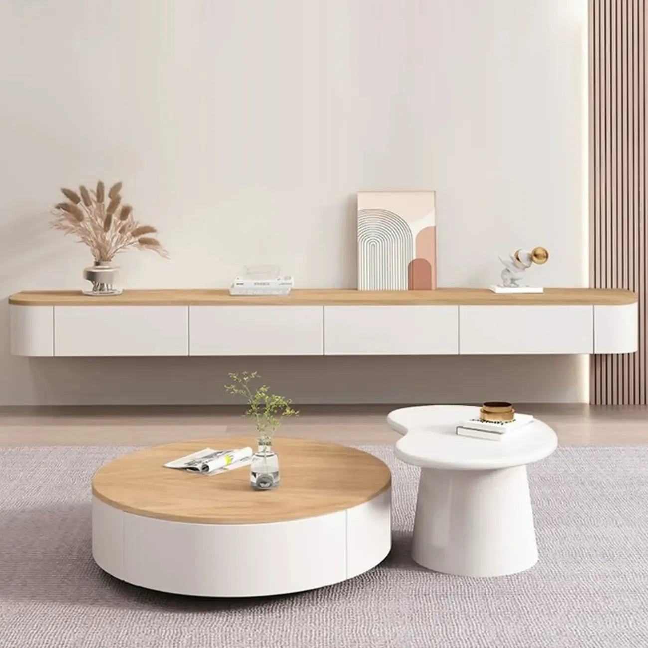 Mobile TV galleggiante contemporaneo in legno bianco con cassetti