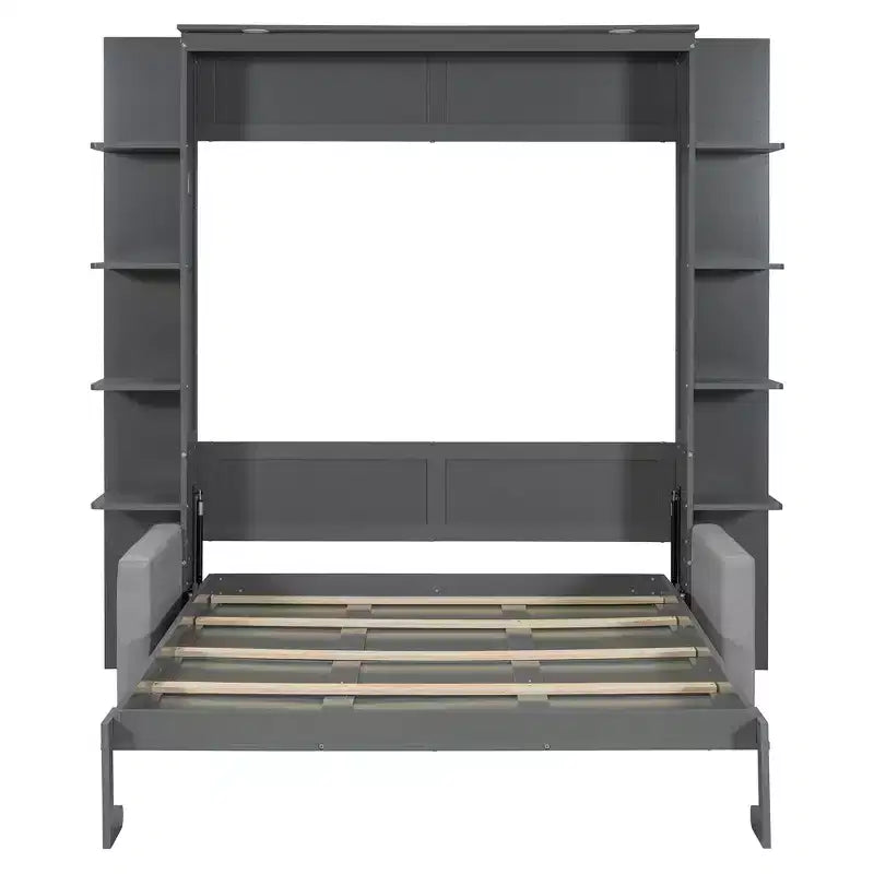 Letto a muro a scomparsa Whisen Modern Design con struttura in legno, Queen Size, con divano e mensole