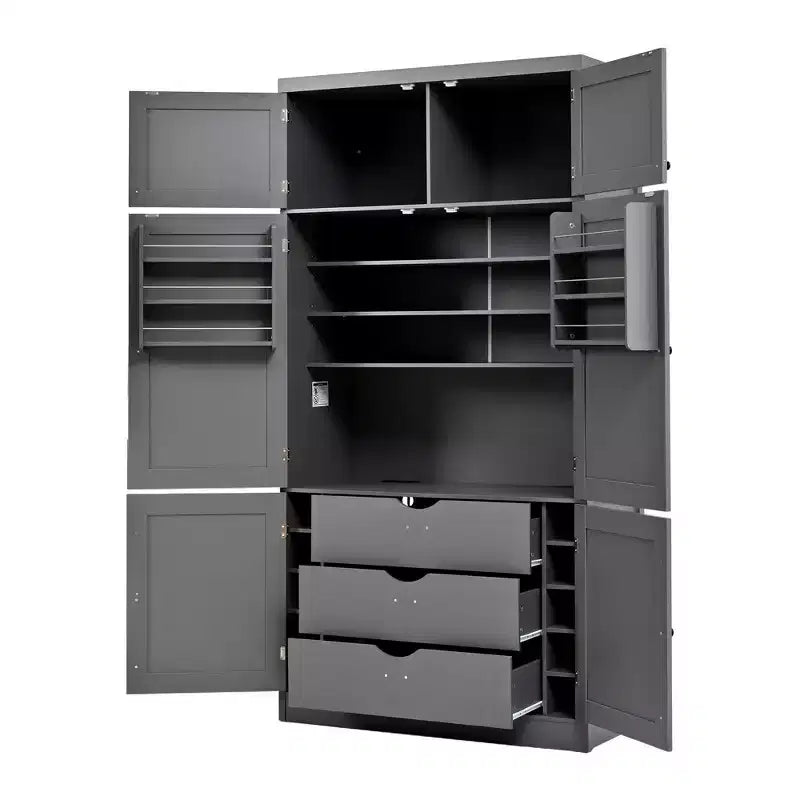 Dispensa Alta da Cucina con Prese di Corrente, Grande Credenza Autoportante con Supporto per Microonde, Cassetti, Scaffali, Portabottiglie e Ante con Ripiani