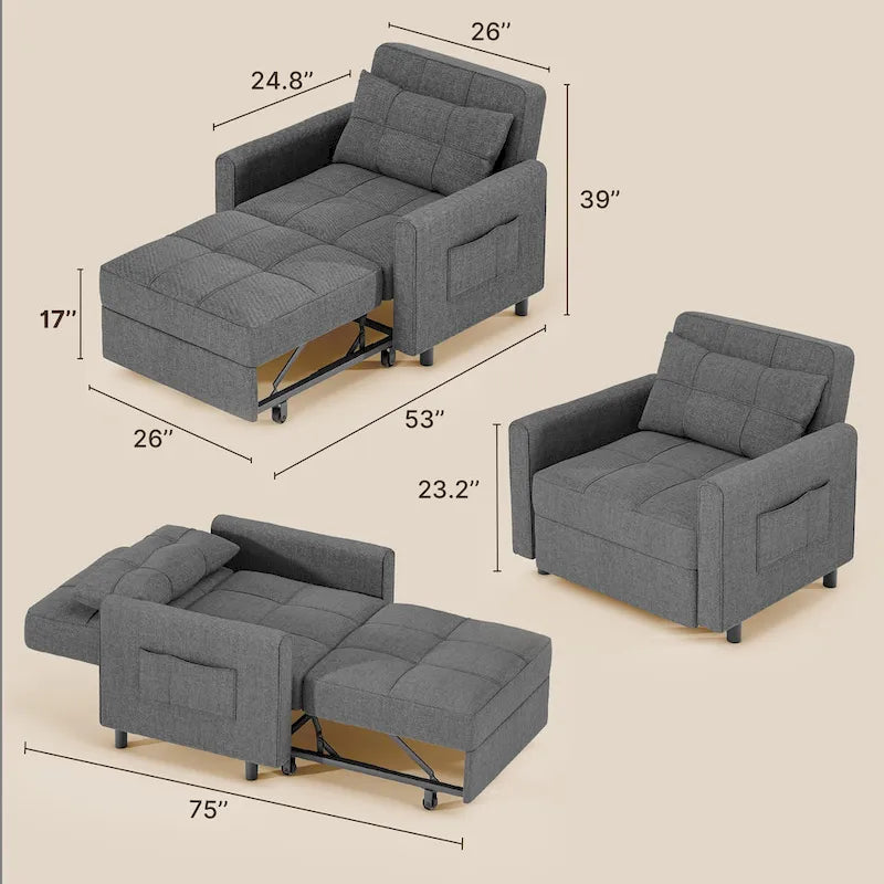 Poltrona Letto Trasformabile 3-in-1, Divano da Salotto Pieghevole Regolabile Imbottito