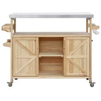 Isola per cucina Okak Outdoor con piano in acciaio inossidabile, carrello da cucina in legno con ante, ripiani e porta spezie, isola da cucina con ruote