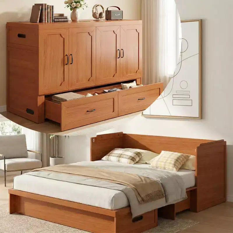 Mjkone Letto a Scomparsa Convertibile Matrimoniale Queen Size con Ricarica USB, Cassetti Contenitori, Materasso Escluso