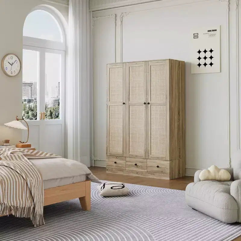 Famapy Armadio in Rattan con 3 Cassetti, Armadio con 3 Ante Traspiranti in Rattan, Armadio Alto in Stile Rustico per Camera da Letto