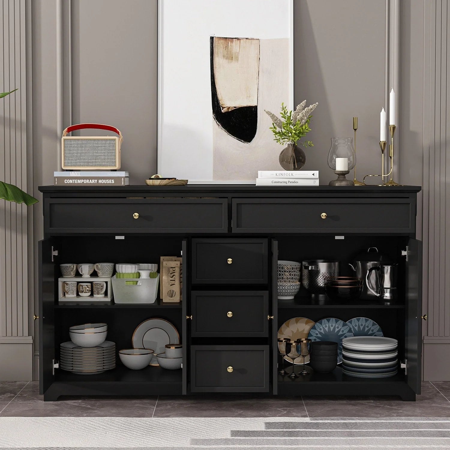 59.1'' Credenza Buffet Bianco Laccato Moderno Metà Secolo Contemporaneo