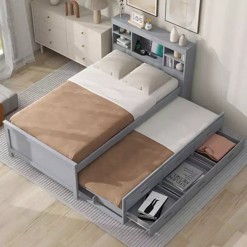 Letto a piattaforma con letto estraibile e cassetti, Letto a piattaforma contenitore con USB, Letto a piattaforma in legno con libreria