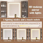 JVNOXK Set Toeletta Moderno da 43,5 Pollici con Specchio e Luce, con Cassetti e Mobiletto in Vetro Trasparente, Include Sgabello e Stazione di Ricarica, Marrone