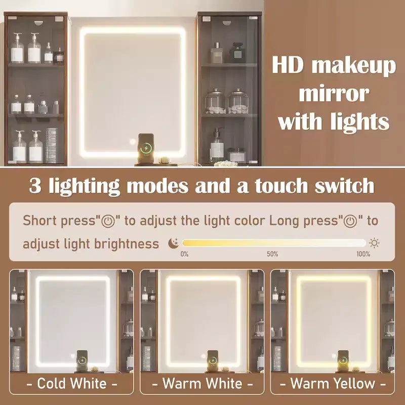 JVNOXK Set Toeletta Moderno da 43,5 Pollici con Specchio e Luce, con Cassetti e Mobiletto in Vetro Trasparente, Include Sgabello e Stazione di Ricarica, Marrone