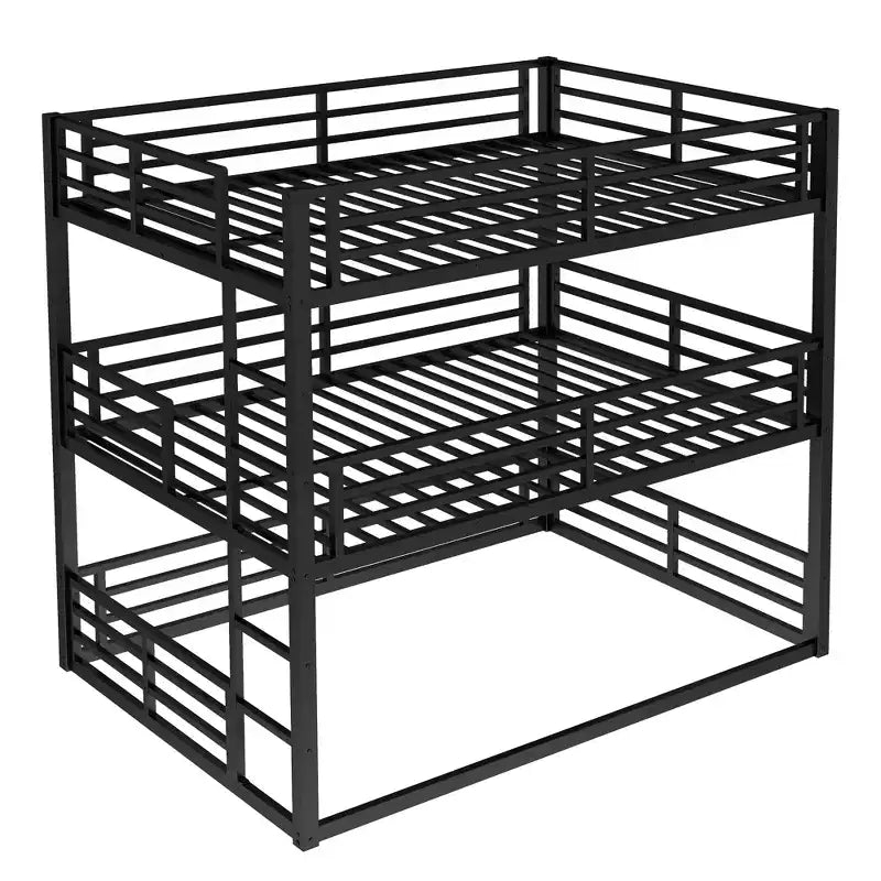Letto a castello triplo completo, in metallo, con ringhiere di sicurezza, letto a castello robusto con design a riduzione di rumore, nero