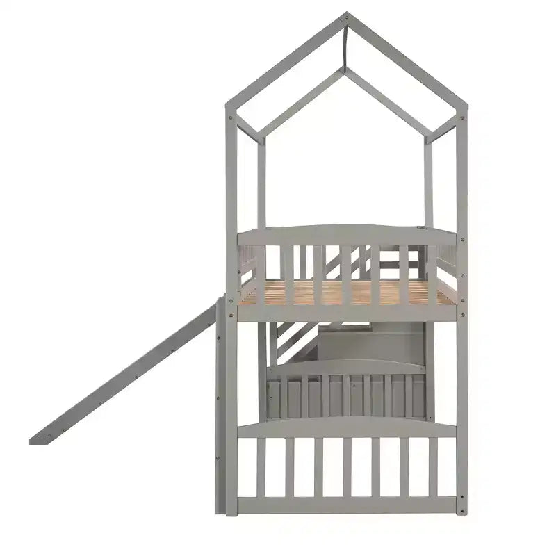 Letto a soppalco a castello con scivolo e scale, letto a soppalco con cassetti contenitori, letto a soppalco in legno a capanna per bambini e neonati