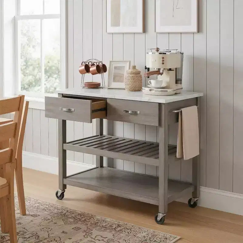 Carrello da Cucina su Ruote con Piano in Marmo, Isola da Cucina in Legno Massello con 2 Cassetti, Carrello da Cucina a 3 Livelli con Ruote Staccabili Bloccabili e Portasciugamani