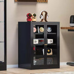 Bekrvio Mobiletto in Metallo, Mobile Stereo a 4 Livelli con Ante in Vetro e Ripiani Regolabili, Rack Audio AV con Gestione Cavi