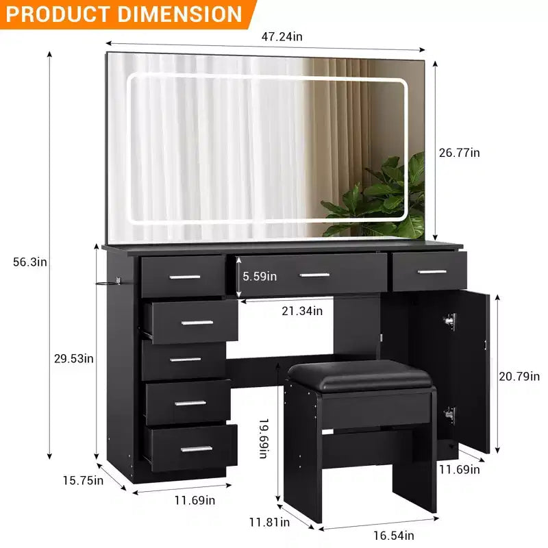 Toeletta Moderna con Grande Specchio, 7 Cassetti, Luci LED, Sedia, 3 Modalità di Illuminazione, Supporto per Asciugacapelli e Stazione di Ricarica per Camera da Letto