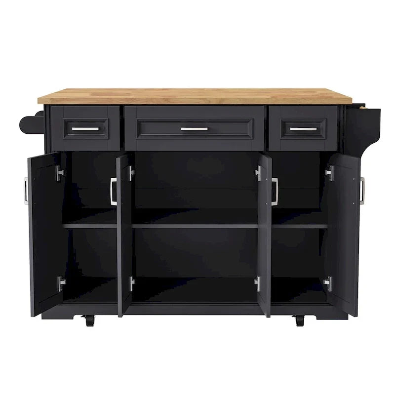 54 - Grande isola cucina con anta a ribalta in legno di gomma, carrello da cucina scorrevole con texture in rilievo su 4 ruote con 4 ante e 3 cassetti