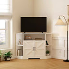 Mobile porta TV ad angolo per televisori fino a 55", console multimediale stile rustico con anta scorrevole a granaio, ripiani aperti e mobiletto, bianco