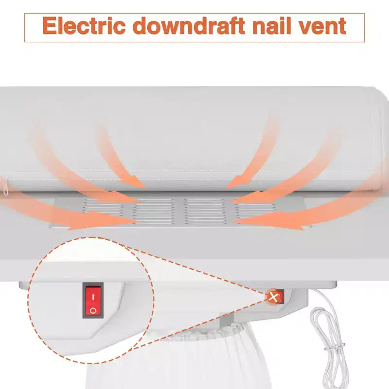 GustoWave 42.5 in Tavolo per manicure con poggiapolsi e raccoglitore di polvere, postazione per unghie con armadietto verticale estraibile, bianco
