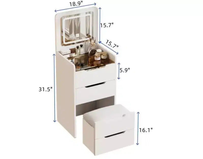 Okak Tavolo da toeletta 3 in 1 con specchio a scomparsa, toeletta compatta con piano in vetro a vista e sgabello imbottito, scrivania da toeletta per camera da letto