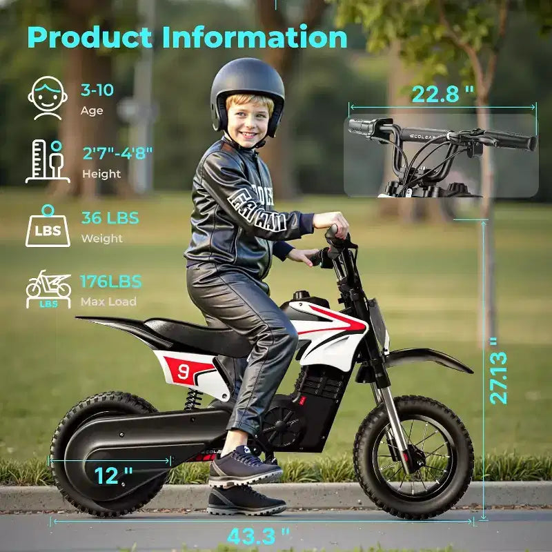 ECOLEAP K1 Moto da cross elettrica per bambini 36V 25 km/h veloce, autonomia 22 km, motore di picco 700W, 3 modalità di velocità, pneumatici fuoristrada da 12 pollici, certificazione UL, età 3-10 anni