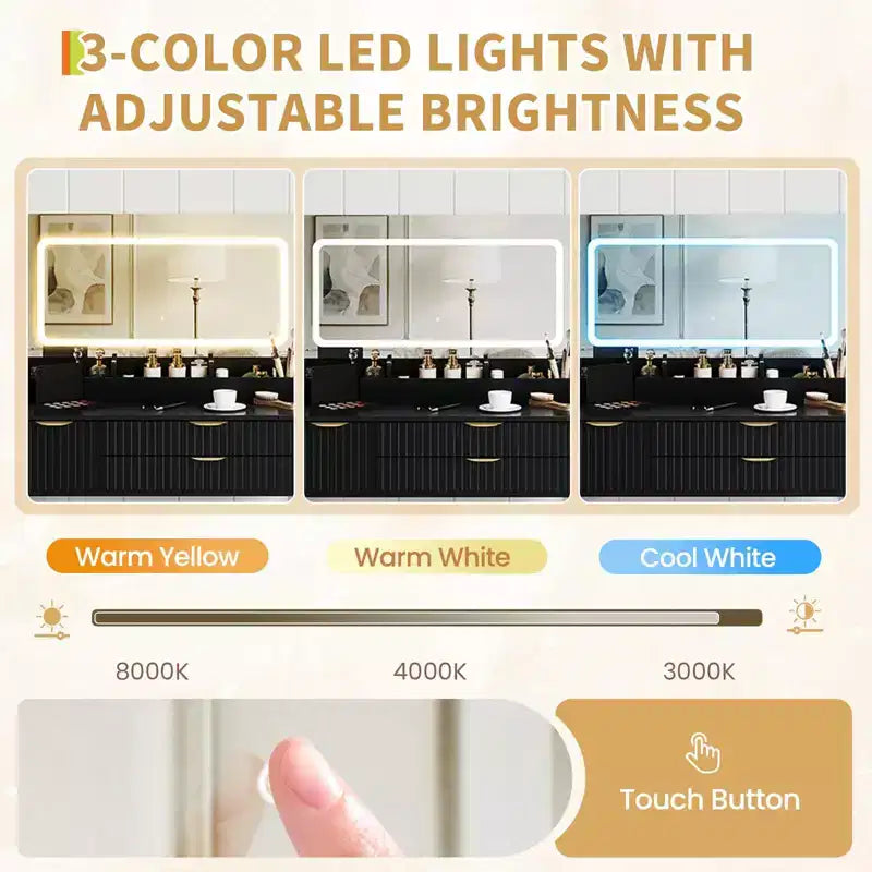 Toeletta con specchio e luci, specchio con LED integrati, ampi cassetti portaoggetti per cosmetici e prodotti da bagno