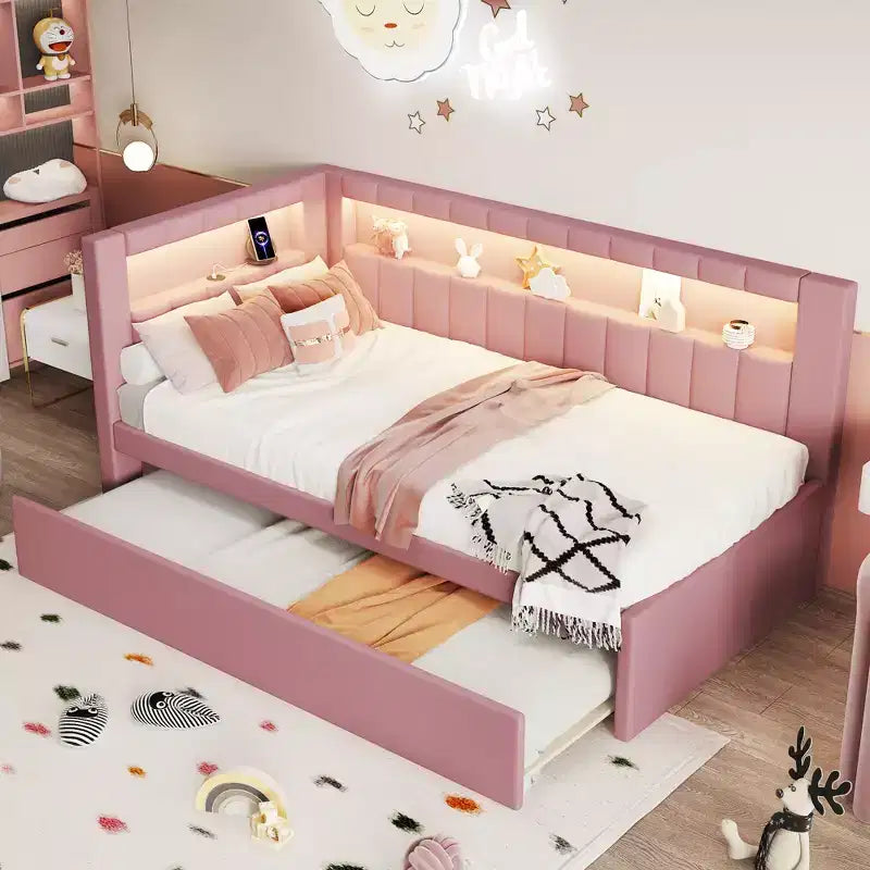 Letto da Giorno Twin/Full con Letto Estraibile e Testiera a Libreria a L, Letto Angolare Imbottito in Lino con Ripiani Portaoggetti e Cinghia a LED