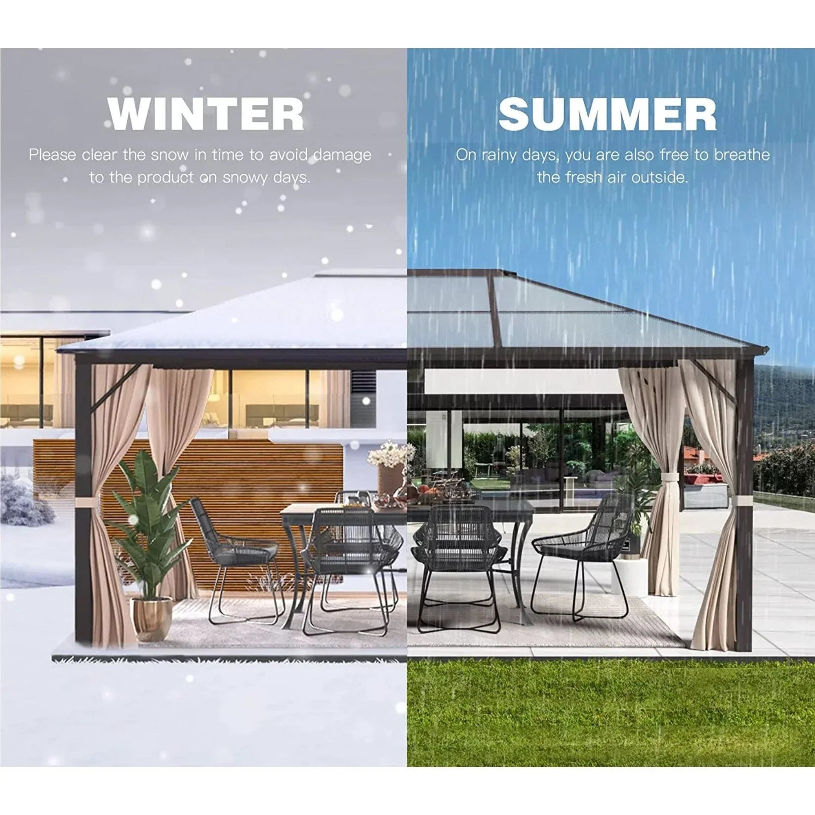 EROMMY Gazebo a tetto rigido, Pergola da esterno con doppio tetto, zanzariere e tende, Tenda da sole resistente per patio, cortile, feste in piscina