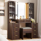 JVNOXK Set Toeletta Moderno da 43,5 Pollici con Specchio e Luce, con Cassetti e Mobiletto in Vetro Trasparente, Include Sgabello e Stazione di Ricarica, Marrone