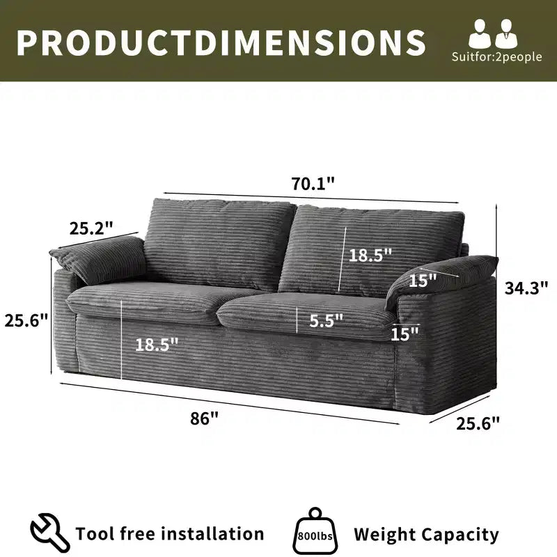 Dyonery 86 Cloud Loveseat Sofa, seduta profonda e ampi braccioli con cuscini, telaio robusto, design ergonomico e traspirante