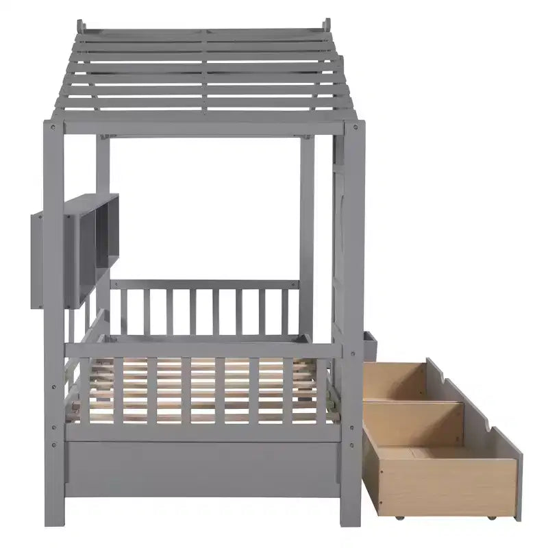 Letto a casetta in legno per bambini, piazza singola/matrimoniale, con 2 cassetti e ripiano portaoggetti - ModernLuxe