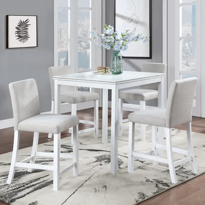 Set da pranzo moderno di 5 pezzi con tavolo quadrato ad altezza bancone e 4 sedie imbottite
