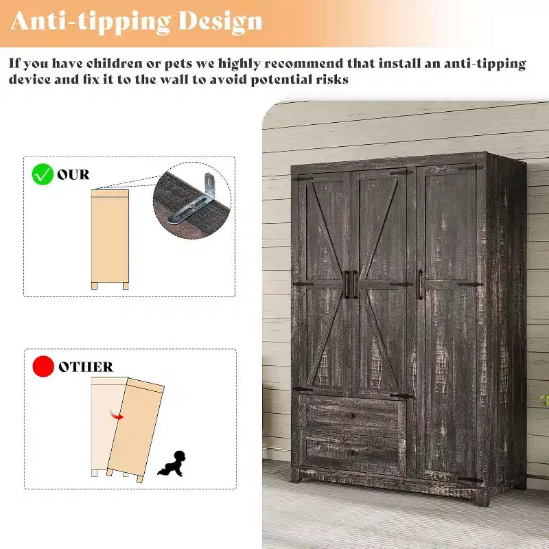 AMERLIFE 47 Armadio guardaroba in stile rustico con 3 ante, 2 cassetti, asta appendiabiti e ripiani regolabili, Organizzatore di armadietti indipendente