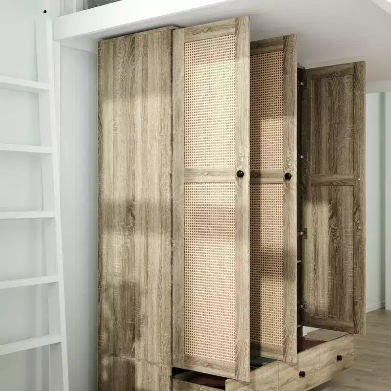 Famapy Armadio in Rattan con 3 Cassetti, Armadio con 3 Ante Traspiranti in Rattan, Armadio Alto in Stile Rustico per Camera da Letto