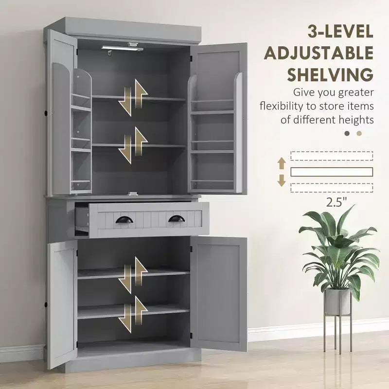 Mobile credenza da cucina da 71" con luci a LED, 6 ante con ripiani, un cassetto e 4 ripiani regolabili