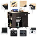 Isola da Cucina Mobile con Presa di Corrente, Piano Ribaltabile e Top in Legno di Gomma