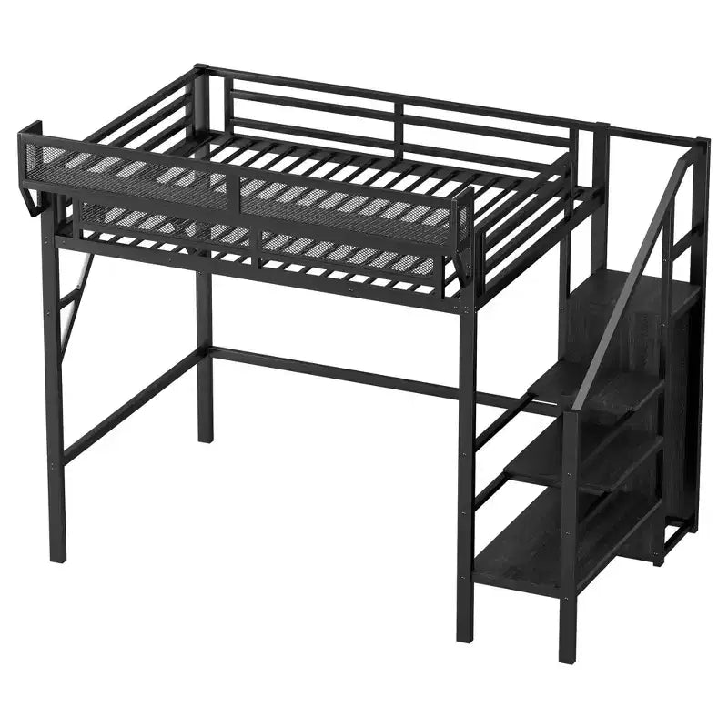 Okak 94IN Letto a soppalco singolo con armadio, letto singolo con ripiani portaoggetti e cestino, telaio letto per camera da letto, dormitorio