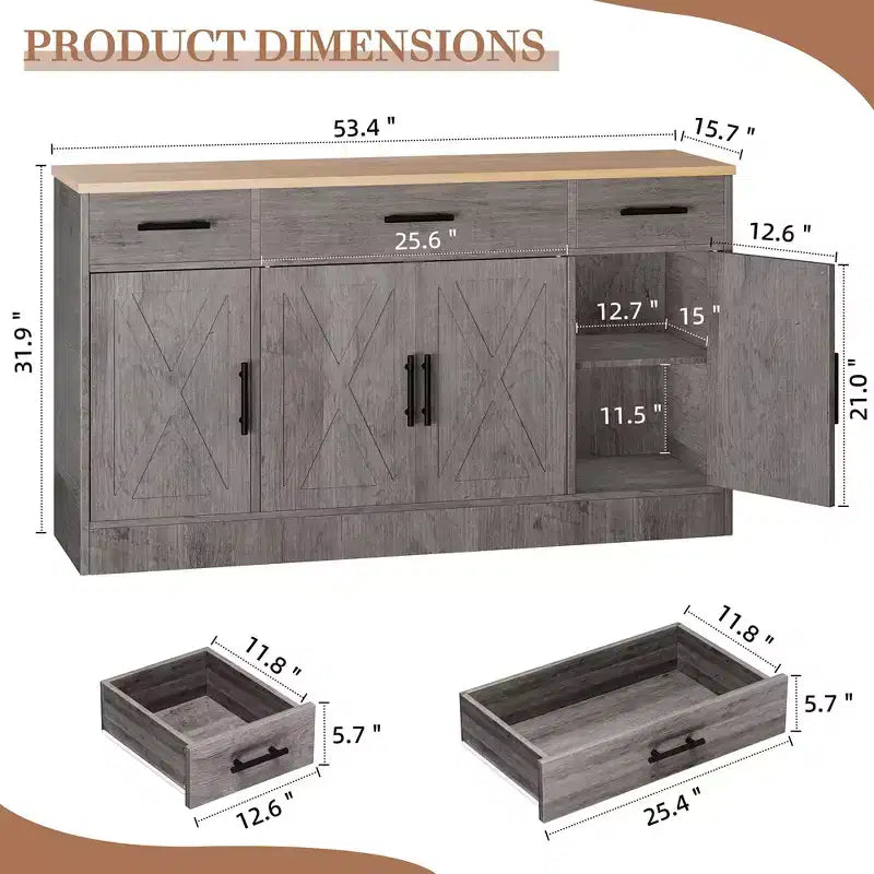 Mobile Buffet Celebalcony con Contenitore, Grande Mobile Contenitore da Cucina da 53,4 pollici con 3 Cassetti e 4 Ante, Ripiano Regolabile per Cucina, Soggiorno