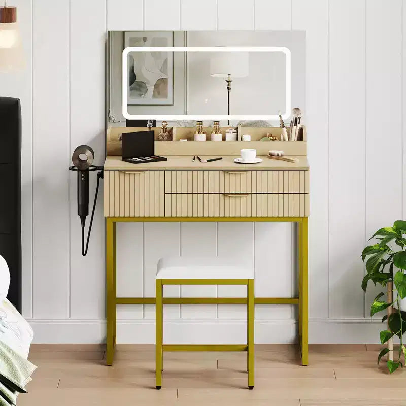 Toeletta con specchio e luci, specchio con LED integrati, ampi cassetti portaoggetti per cosmetici e prodotti da bagno
