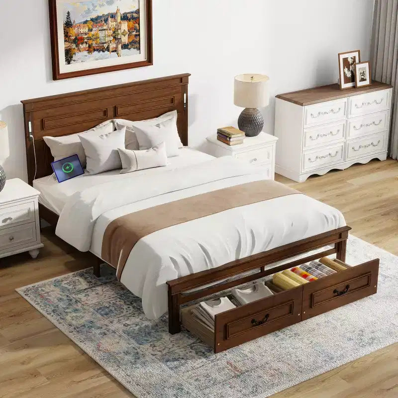 ModernLuxe Letto a Piattaforma Queen/King Size con Testiera Alta, Struttura Letto Rustica in Legno con 2 Cassetti, Luci LED e Porte USB