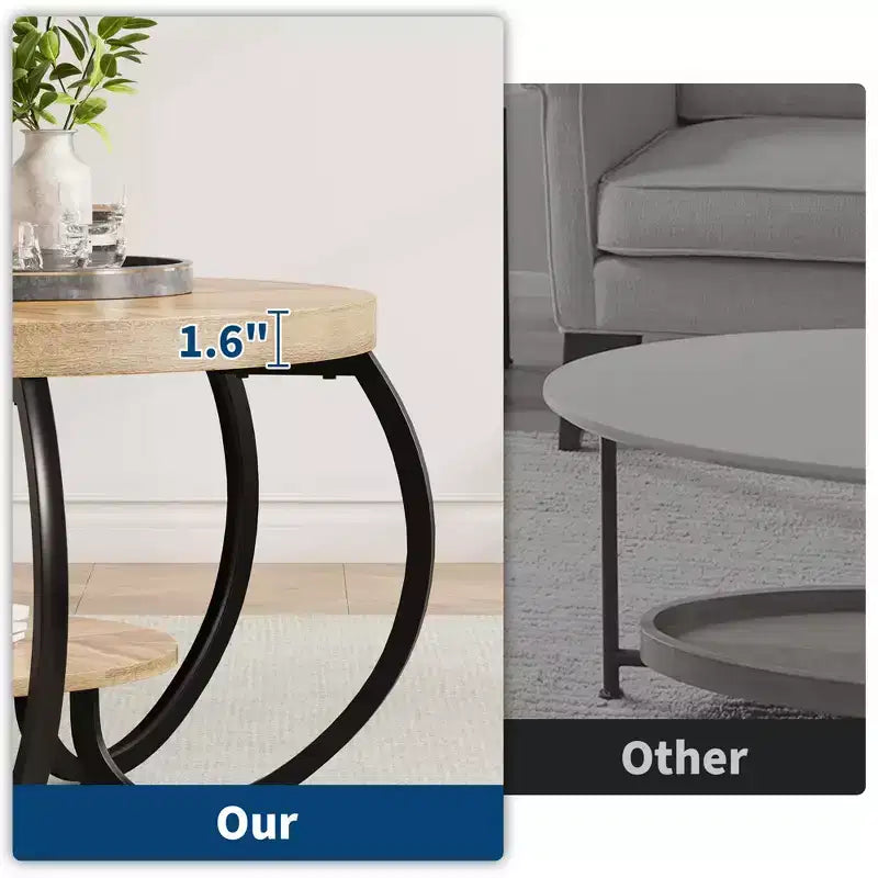 Tavolino Industriale Rotondo da 30 Pollici a 2 Livelli con Piedini Regolabili Ripiano Effetto Legno Design Fiamma Facile da Montare Soggiorno