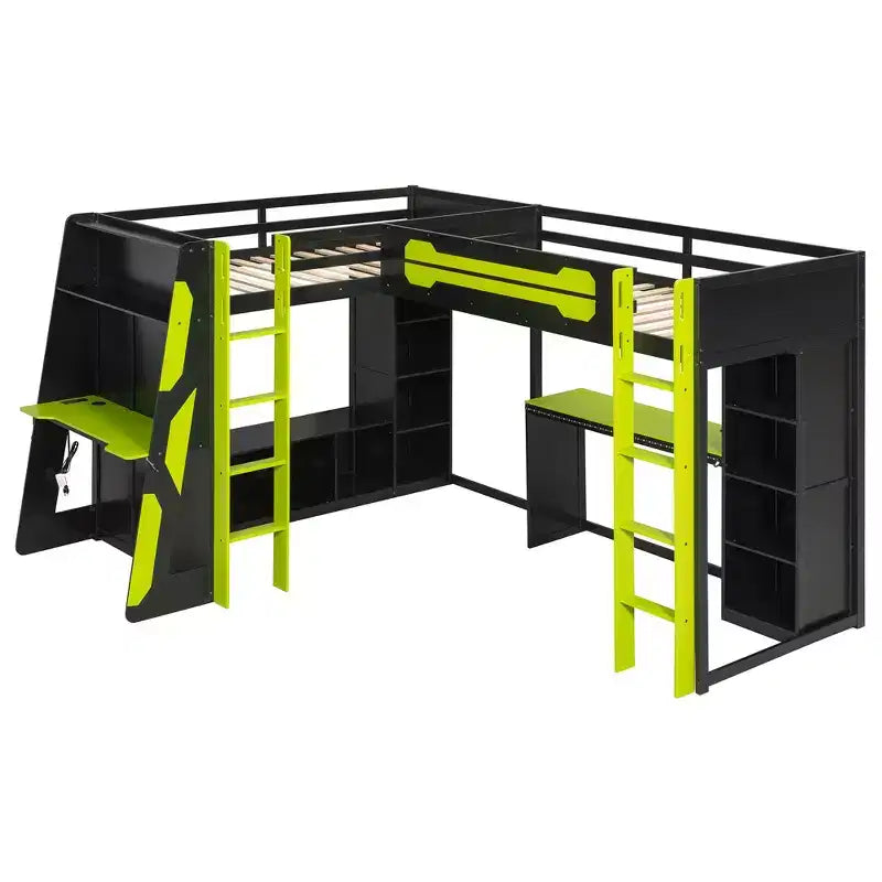 Letto a soppalco a L da gaming con scrivanie, letti a soppalco doppi con luci LED, porte USB, scaffali portaoggetti, letto a soppalco ad angolo in legno per 2